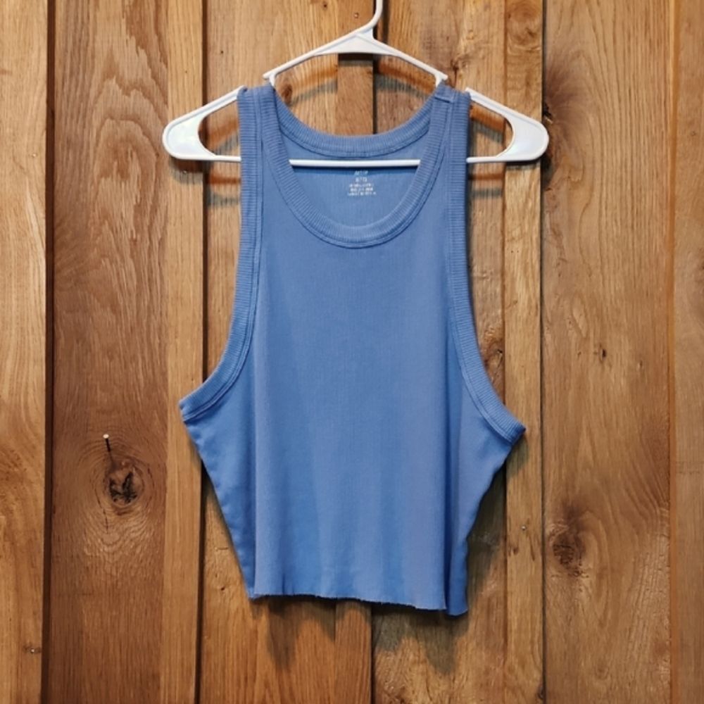 Aerie Sleeveless Ribbed Stretch Round Neck 100% Cotton Tank Top, XL, Blue